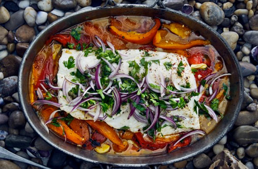 Slow Roasted Cod with Bell Peppers and Capers