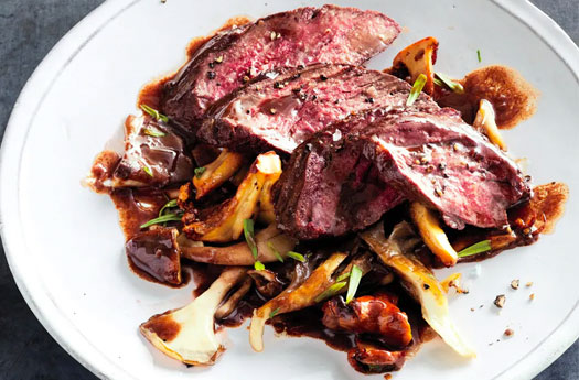 Flat Iron Steak with Mushrooms and Red Wine Sauce