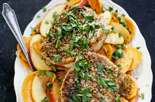 Sautéed Pork Chops with Sweet Potato and Mustard Sauce