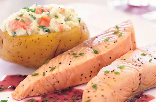 Salmon with Beurre Rouge and Smoked-Salmon-Stuffed Baked Potato