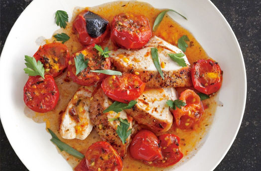 Chicken with Herb-Roasted Tomatoes and Wine Sauce